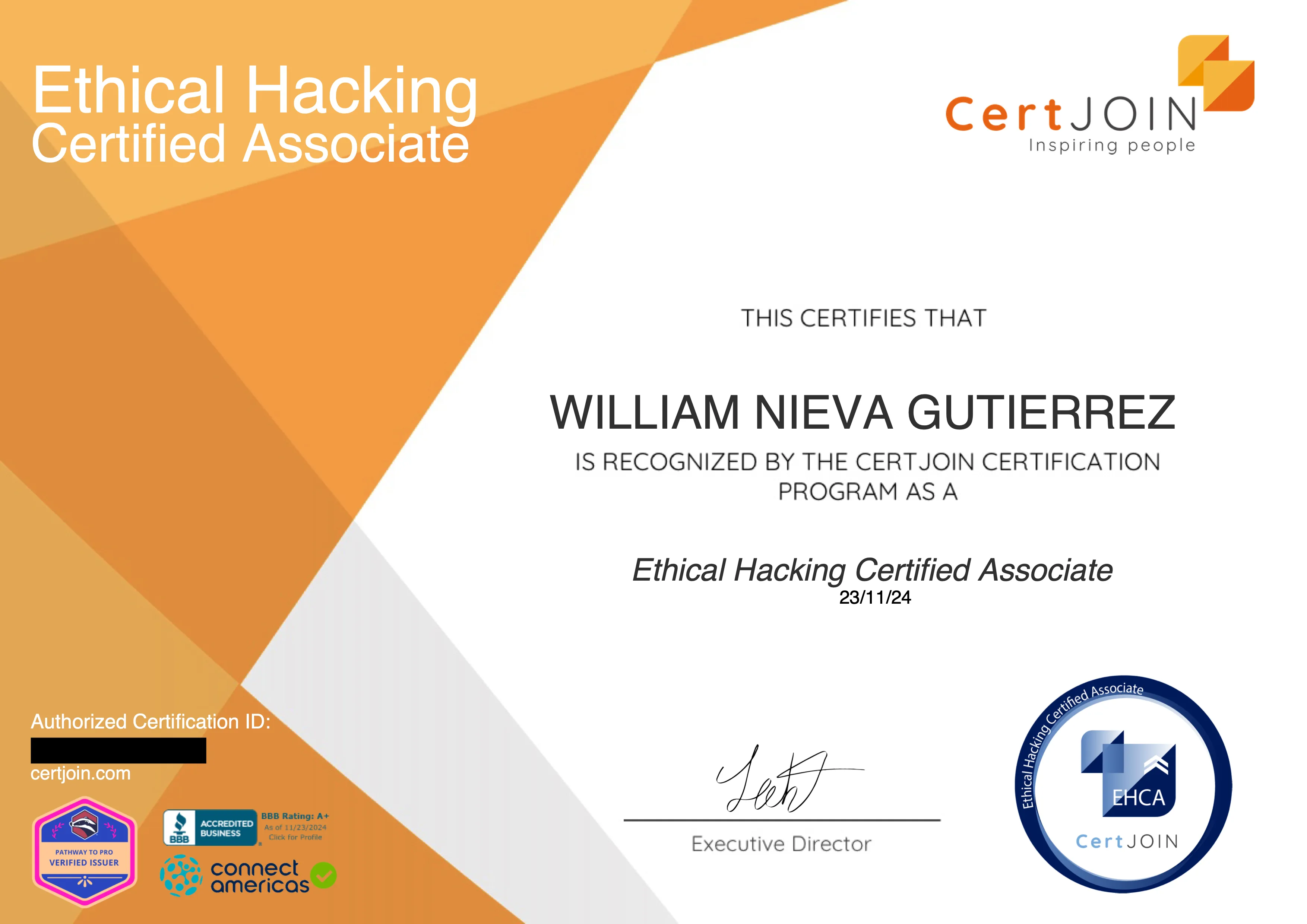 Certificado Ethical Hacking Certified Associate de William Nieva Gutiérrez, emitido por CertJoin el 23 de noviembre de 2024